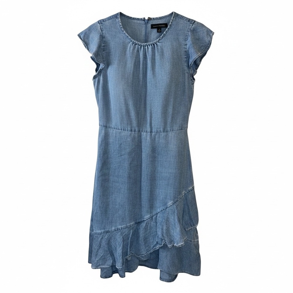 Banana Republic Ruffle Hem Denim Dress Light Wash Blue 2 Cap Sleeve Fit & Flare